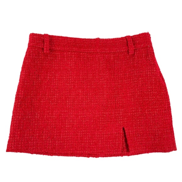 ZARA Tweed Mini Skirt Red Slit With Belt Loops Womenâs US XS EUC Textured Fabric - Picture 15 of 15